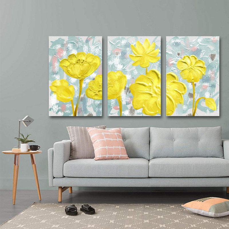Abstrait floral variété de fleurs sur fond abstrait 4 - Ensemble de 3 peintures sur toile tendue