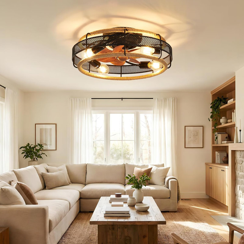 Ventilateur de plafond encastré en cage 20 po avec lumière et télécommande, ventilateur de ferme à 6 vitesses réversible sans pales pour cuisine de chambre à coucher