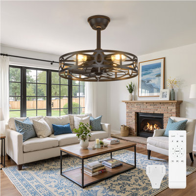 20" Caged Ceiling Fans with Remote Control for Patio Kitchen Bedroom, Farmhouse Flush Mount Ceiling Fan with Lights Reversible 6 Speed Timer Black