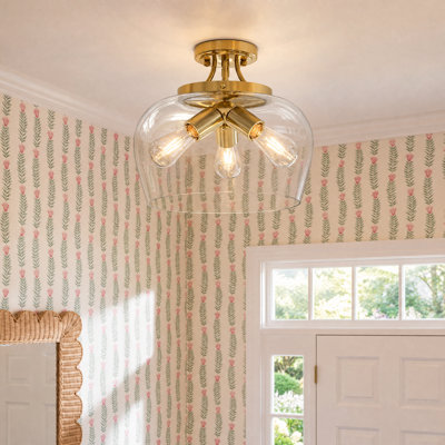 Penley 3 - Light 13.8" Glass Semi Flush Mount Ceiling Light in Brushed Brass