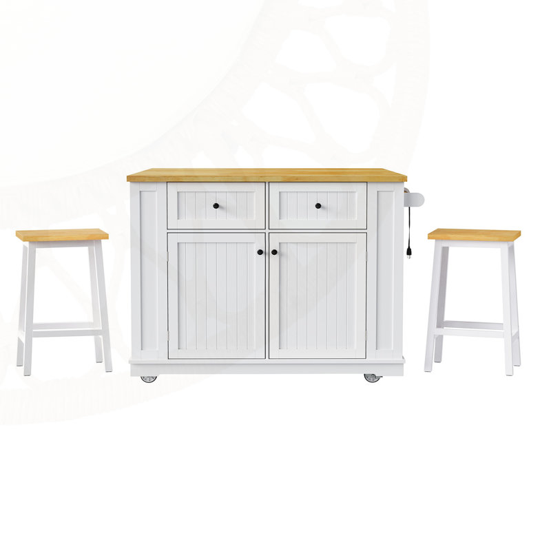 48-Inch Large Kitchen Island with Bar Stools, Power Outlet, and Versatile Storage Solutions for Modern Kitchens and Dining Rooms