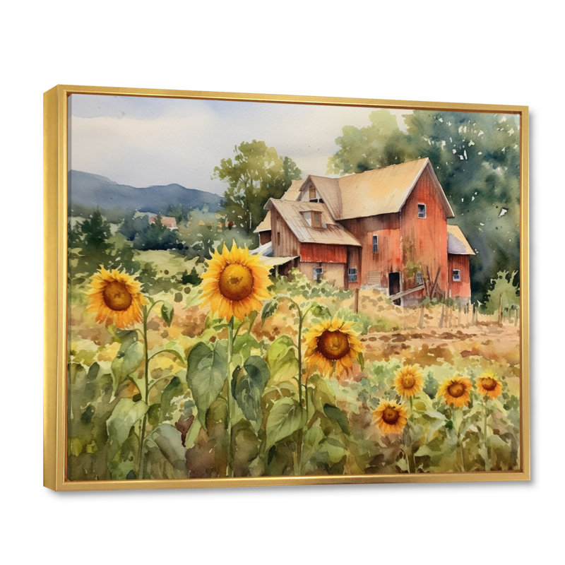 Tournesol doré à la ferme III - art mural floral, H 30 po x l 40 po x P 1,5 po, Cadre flottant doré