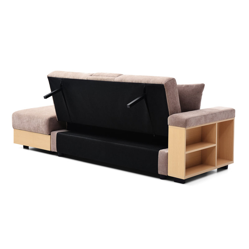 Canapé-lit brun, canapé-lit double pliant multifonctionnel avec rangement, table basse et 2 porte-gobelets, matériau en lin de coton, mousse haute densité, structure en bois massif, sièges pour 3 personnes,