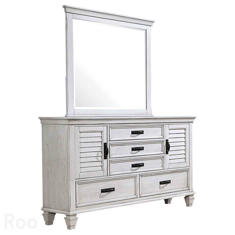 Commode à 5 tiroirs avec miroir, collection Lockeford, fini blanc vieilli