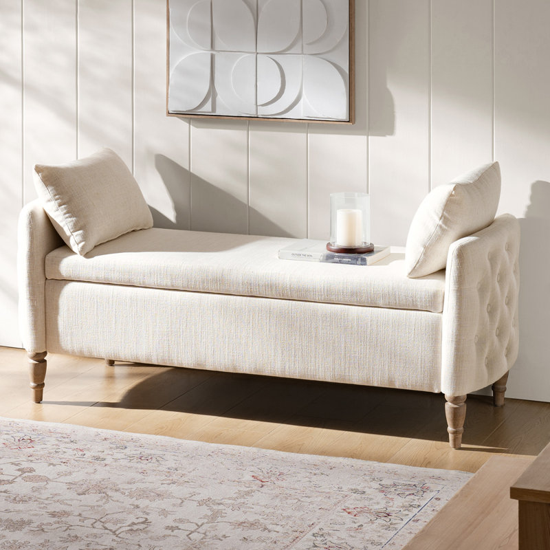 Aristides Farmhouse Flip Top Storage Bench With Two Pillows And Solid Wood Legs, Ivory