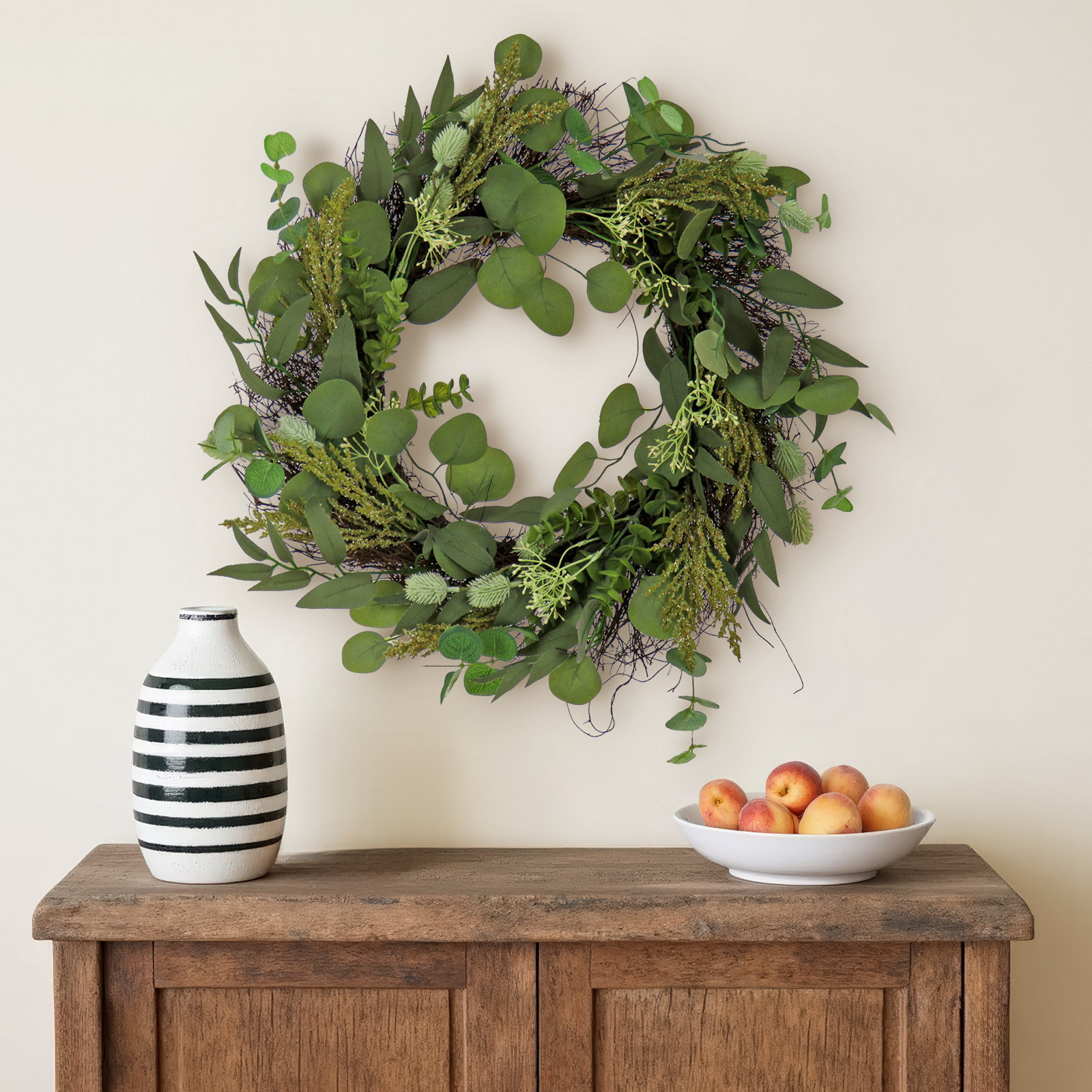 22 inch Artificial Spring Wreath with Eucalyptus Leaves, Baby's Breath, Flowing Green Stems