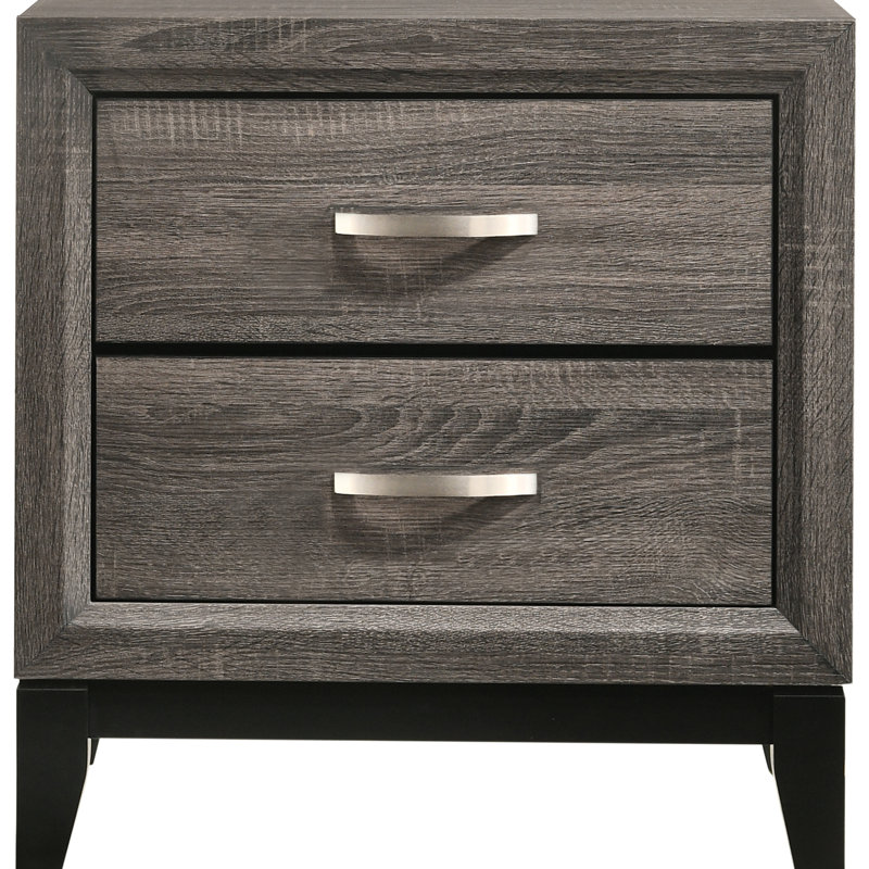 Table de chevet à 2 tiroirs en chêne gris pour la chambre à coucher, mélange de texture naturelle et de gris contemporain, deux grands tiroirs de rangement, poignées en métal d'aspect élégant, silhouette rectangulaire, base, 16,72 po