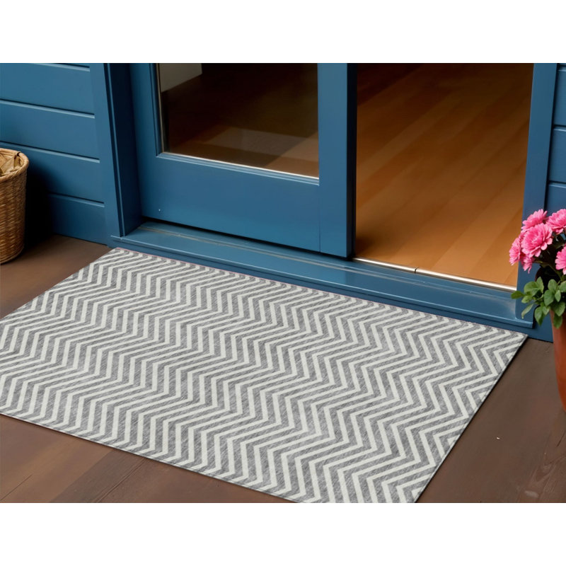 Tapis intérieur lavable à chevrons gris et ivoire 3 pi x 5 pi