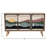 Mango Wood Console with 2 Shelves, 3-Panel Sunset Scene Woven Rope Doors and Tassels