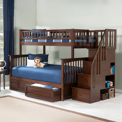 Flinn Solid Wood Ultimate Storage Staircase Bunk Bed with Raised Panel Under Bed Drawers