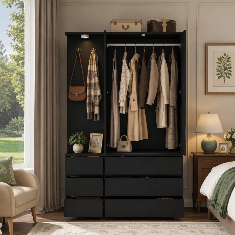 Armoire-penderie moderne en bois avec six tiroirs et une tringle pour un rangement efficace dans la chambre