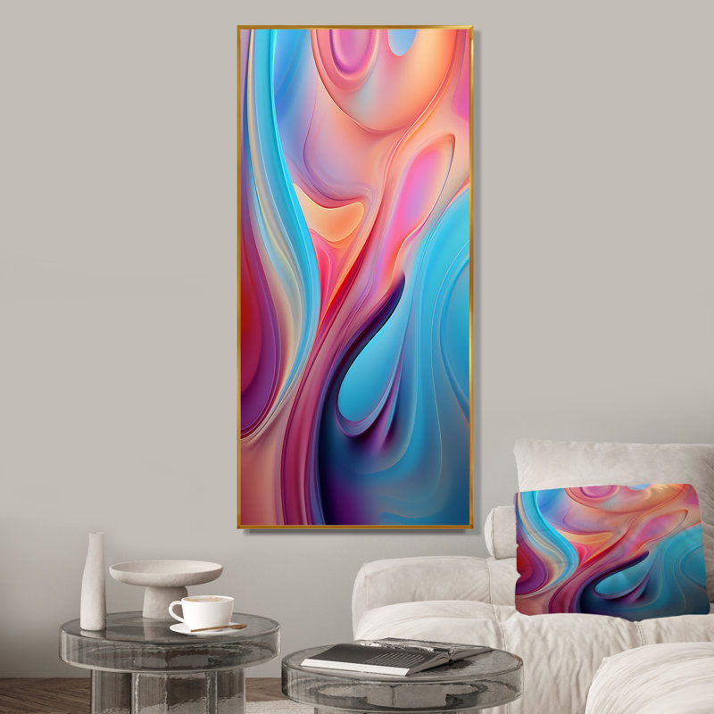 «Transitional Pink and Blue Shapes III», art mural abstrait sur toile, Cadre flottant doré, H 60 po x l 28 po x P 1,5 po
