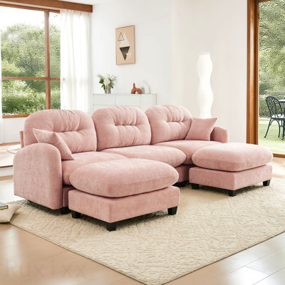 Canapé modulaire en forme de U dans des salles familiales spacieuses, canapé modulaire avec repose-pieds, tissu chenille de qualité supérieure, avec 2 coussins décoratifs, dossier rembourré en mousse à haute densité, facile à installer, convient aux chambres à coucher, aux coins lecture, rose