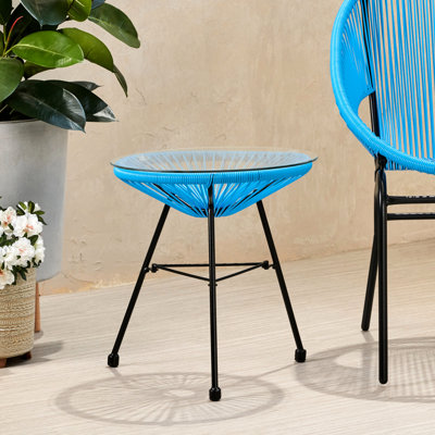 Blue Tempered Glass Side Table On Woven Frame, 18.07In X 18.5In, Handmade Quality With Strong Top, 18.07"X18.07"X18.5", Versatile Outdoor Decor