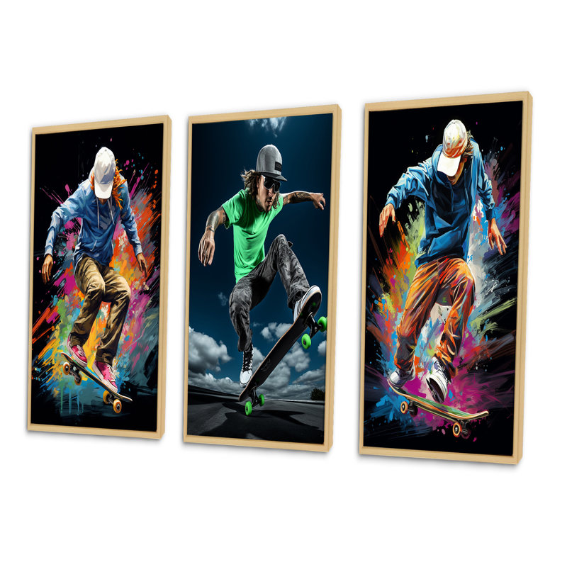 Skateboard Urban Flow V - ensemble d'art mural de planche à roulettes de 3, Cadre blanc, H 20 po x l 36 po