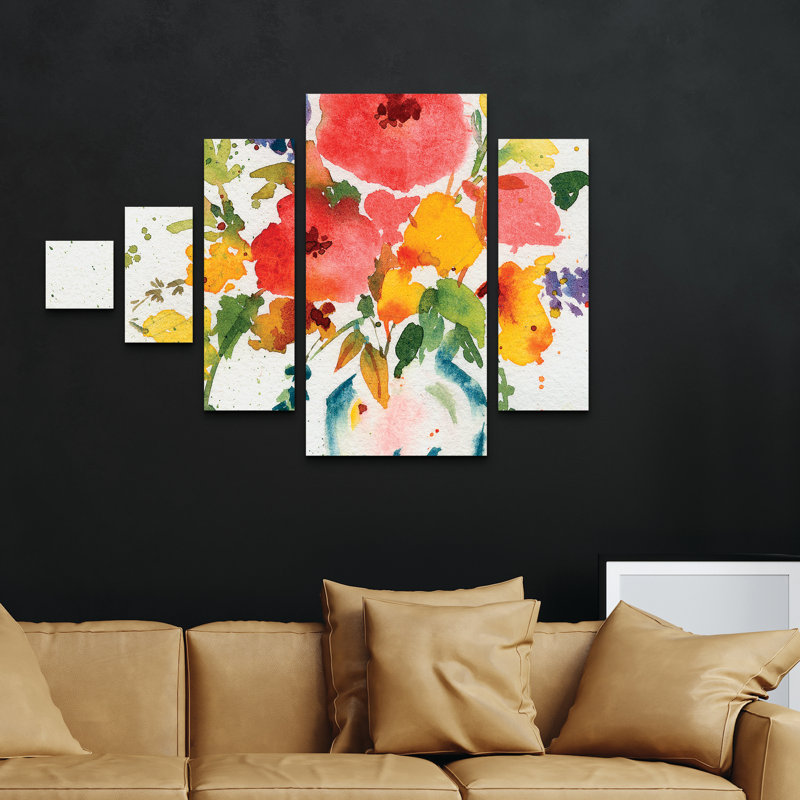 Ensemble de 5 panneaux d'art mural - Vase d'or blanc avec fleurs lumineuses Sheila Golden 