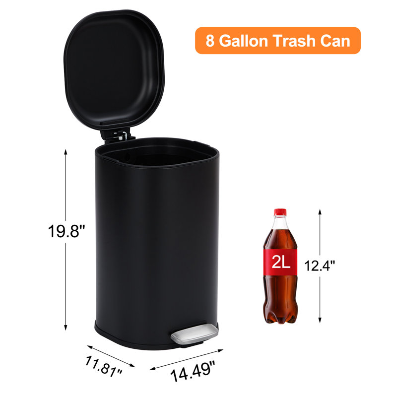 Poubelle noire moderne en acier inoxydable de 8 pouces avec poubelle à pédale avec couvercle à fermeture douce
