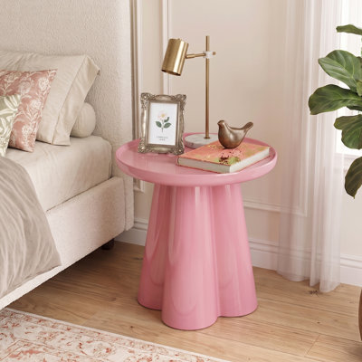 Table d'appoint moderne laquée brillante, plateau et piètement en forme de pétales, idéale pour le salon, le canapé, le bureau ou un appartement. Livrée montée, rose.