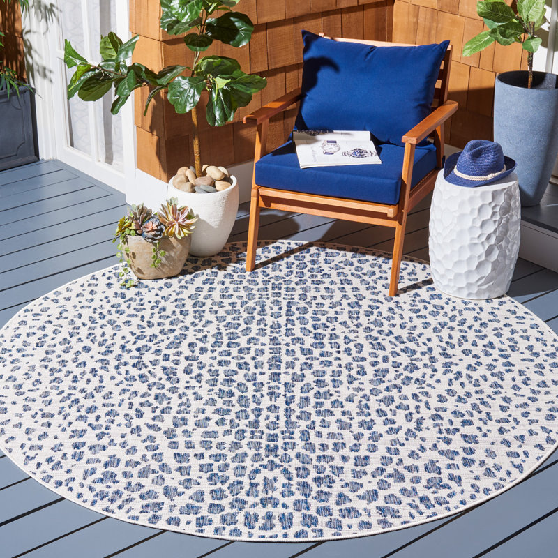 Tapis intérieur / extérieur ivoire / bleu marine Tyron, Rond 7 pi 1 po