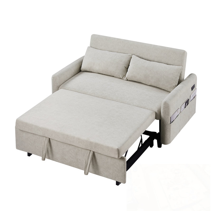 Causeuse rembourrée avec dossier réglable, poches de rangement, 2 coussins moelleux et ports USB, Beige