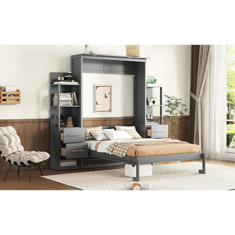 Lit gris avec lumières à DEL et porte-matelas, Lit double