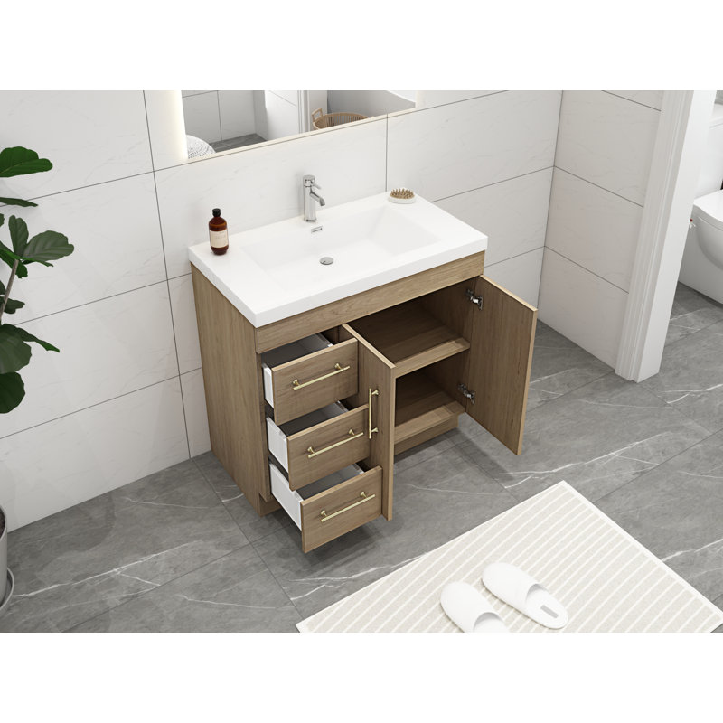 Ensemble de meuble-lavabo simple 36 po Carliss, Blanc/chêne, Or