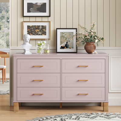 Commode double 6 tiroirs, armoire de rangement moderne avec poignées en métal et pieds en bois massif, organisateur de tiroir pour chambre d'enfant, commode en bois robuste avec préinstallé, rose