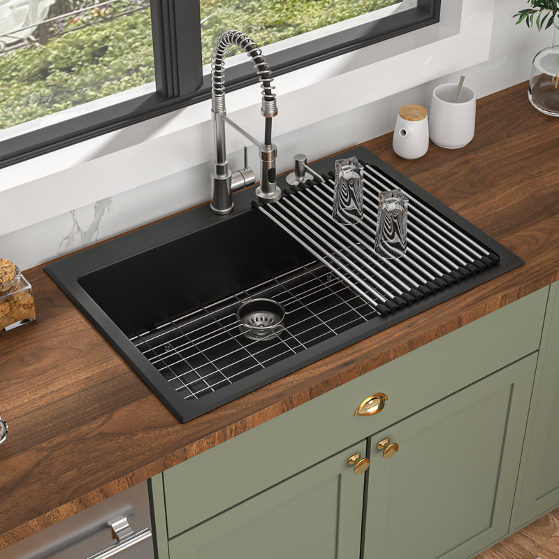 33"L x 22"W Black Granite Composite Kitchen Sink Drop In Single Bowl Kitchen Sink with Two Faucet Holes,Bottom Grid
