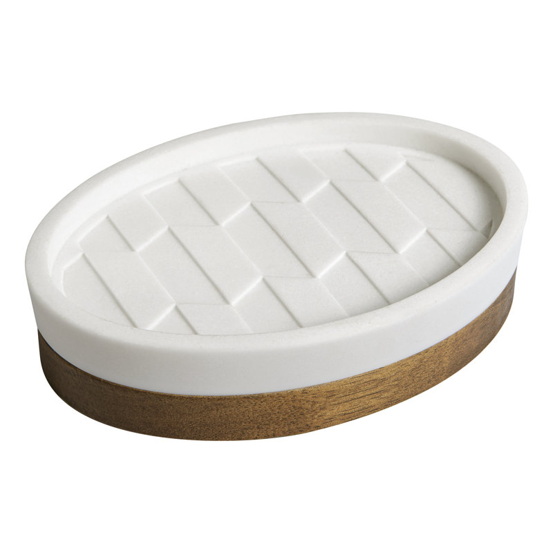 White and Wood Oval Geometric Soap Dish