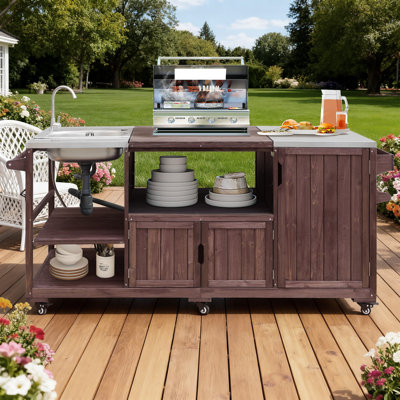 Nymeria 75.4" Solid Wood Outdoor Kitchen Island With Sink And Stainless Steel Top, Rolling Outdoor Grill Cart For Big Green Egg Grills, Pizza Prep, BB by One Allium Way