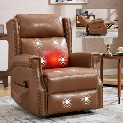 Fauteuil inclinable manuel en similicuir Camel pour le salon avec mécanisme de mouvement robuste, 8 nœuds vibrants et 3 modes de massage.