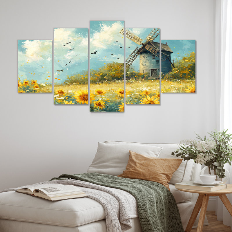 Tournesols au moulin à vent en été III - Art mural de tournesols - ensemble d'art mural traditionnel 5 pièces