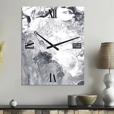 White And Grey Liquid Marble Waves I - Abstract Metal Wall Clock