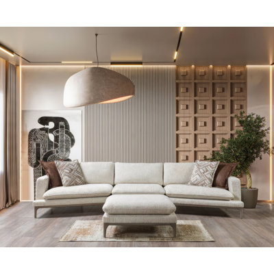 Dilan Ivory Linen 3-Piece Curved 126" Sectional with Ottoman