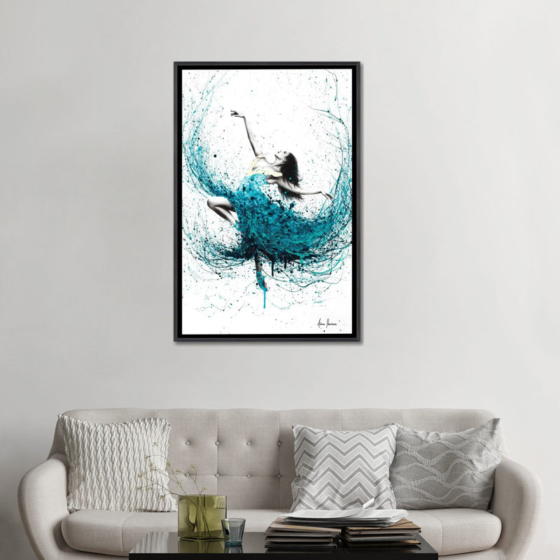 «Teal Dancer» par Ashvin Harrison - reproduction, Toile avec cadre noir patiné, Aucun mat, H 48 po x l 32 po x P 1,5 po