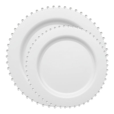 White with Silver Pearl String Round Disposable Plastic Dinnerware Value Set - 120 Sets