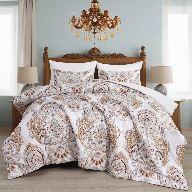Down Alternative Patterned Comforter Set with Paisley Print, King Comforter + 2 Shams