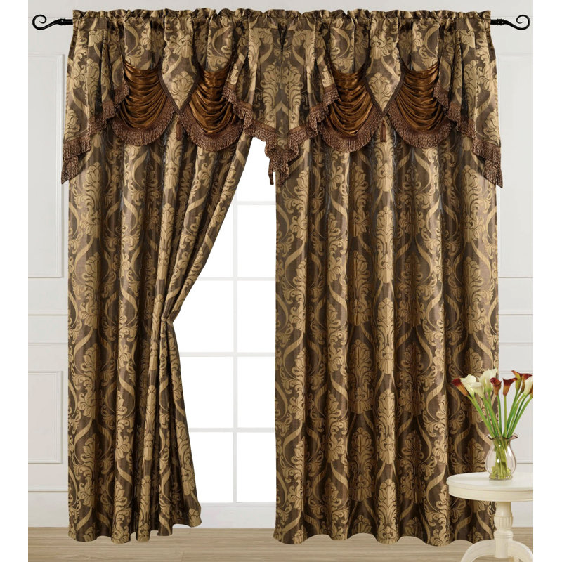 Light Brown Jacquard Room Darkening Curtain Panel with Valance