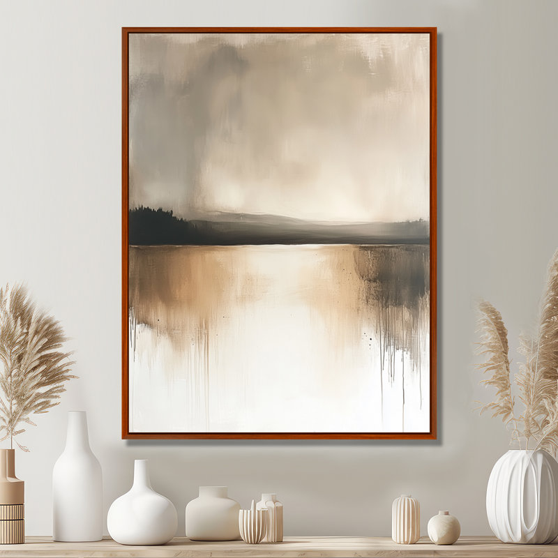 «Neutral Horizon», art mural beige sur lac, Gourain, H 40 po x l 30 po, Cadre flottant brun