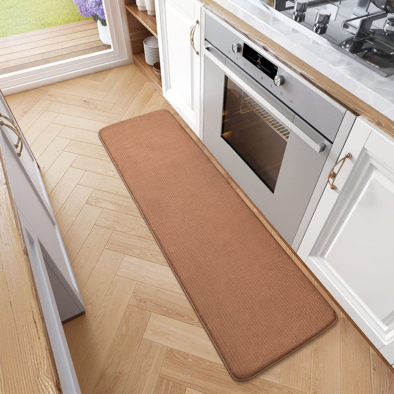 Dawon Solid Color Polyester Non-Skid Kitchen Mat, Rectangle 6'7" x 1'5", Brown