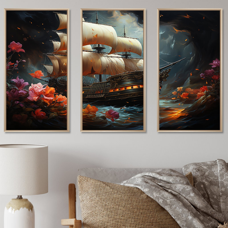 Pirate Ship Nightly Voyage II - Art mural pirate, Cadre flottant brun, H 32 po x l 48 po