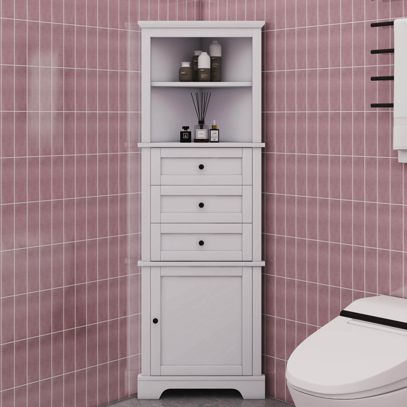 Triangular Corner Cabinet Boasting Triple Drawers And Adjustable Shelves, White
