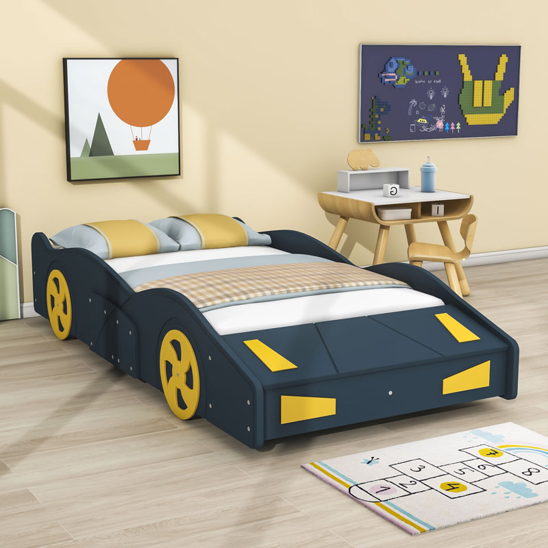 Abdullbasit Twin Size Race Car-Shaped Platform Bed with Wheels, Blue/Yellow