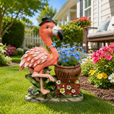 Sculpture de jardin d'extérieur en pot de fleurs flamant rose - décoration de statue de jardin unique, ornement extérieur de loi intéressante