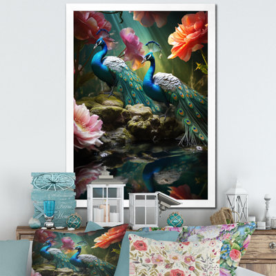 Art indien de corail bleu Arthurine dansant des paons III - reproduction sur toile