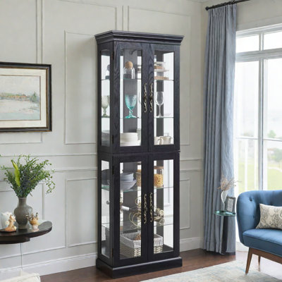 Lighted Glass Curio Display Cabinet With Adjustable Glass Shelves And Led Light