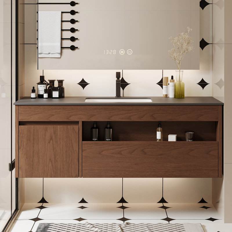 Meuble-lavabo simple 48 po style Mid-Century avec lavabo blanc en pierre