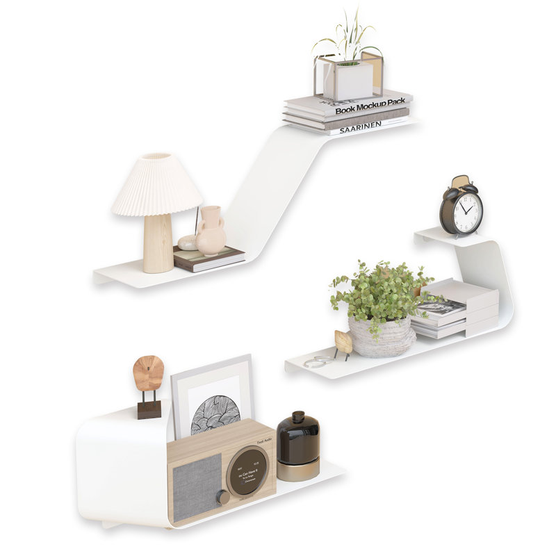 Eliyah Metal Floating Shelf, Wall Mounted Metal Shelves with Unique Design, White