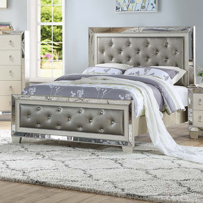 Luxurious Silver Faux Leather Tufted Headboard with Mirror Trim for Bed, Glamorous Bedroom Furniture