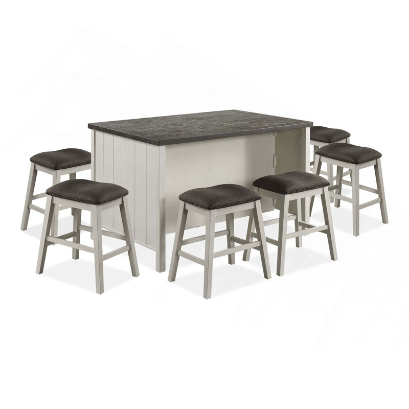 Ensemble de salle à manger à hauteur de comptoir 7 pièces de style transitionnel, table de salle à manger en bois avec base de rangement à tablettes et 6 tabourets
